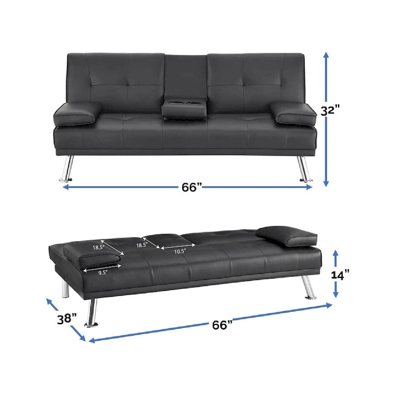 Canapé convertible avec accoudoirs et porte-gobelets, en similicuir, pliant et inclinable, petit canapé