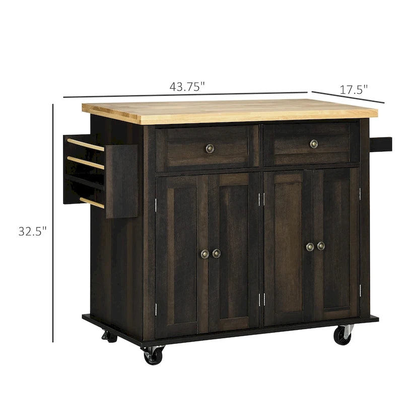 Îlot de cuisine sur roulettes, chariot roulant avec plateau en bois d'hévéa, porte-épices, porte-serviettes et tiroirs pour salle à manger, chêne brun