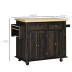 Îlot de cuisine sur roulettes, chariot roulant avec plateau en bois d'hévéa, porte-épices, porte-serviettes et tiroirs pour salle à manger, chêne brun