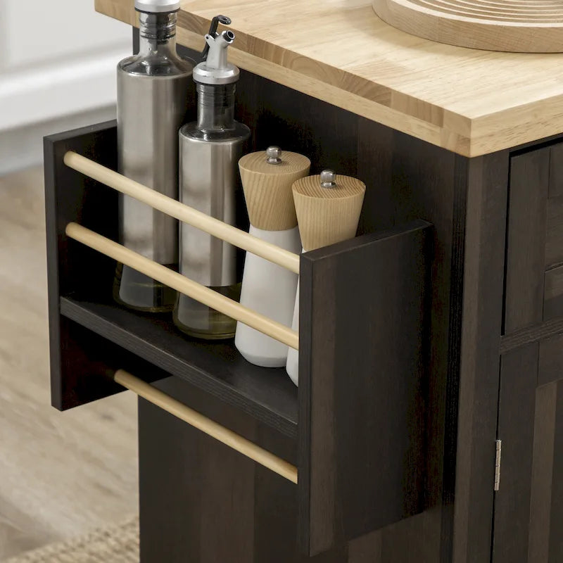 Îlot de cuisine sur roulettes, chariot roulant avec plateau en bois d'hévéa, porte-épices, porte-serviettes et tiroirs pour salle à manger, chêne brun