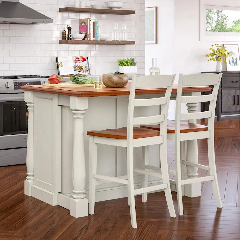 Ensemble îlot de cuisine 3 pièces en bois écru avec plateau rabattable – 122 x 63,5 x 91,5 cm