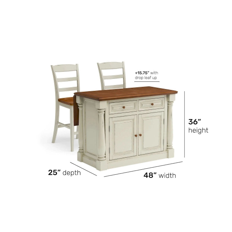 Ensemble îlot de cuisine 3 pièces en bois écru avec plateau rabattable – 122 x 63,5 x 91,5 cm