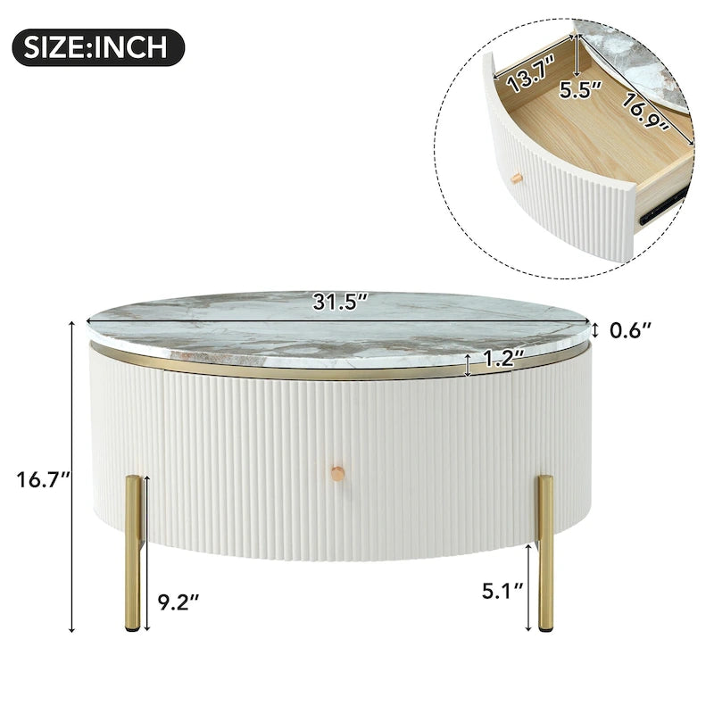 Table basse ronde moderne avec 2 grands tiroirs de rangement