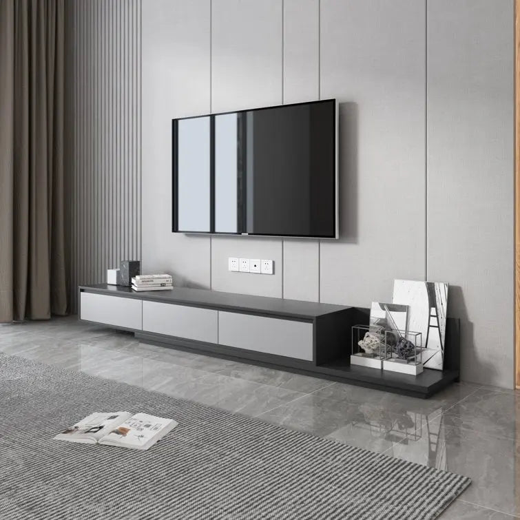 Meuble TV moderne extensible 118 avec 3 tiroirs spacieux, console multimédia à longueur réglable pour salon