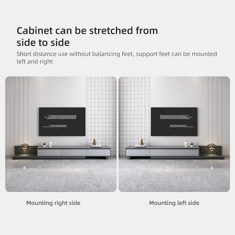 Meuble TV moderne extensible 118 avec 3 tiroirs spacieux, console multimédia à longueur réglable pour salon
