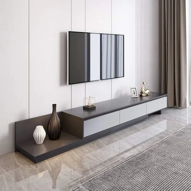 Meuble TV moderne extensible 118 avec 3 tiroirs spacieux, console multimédia à longueur réglable pour salon