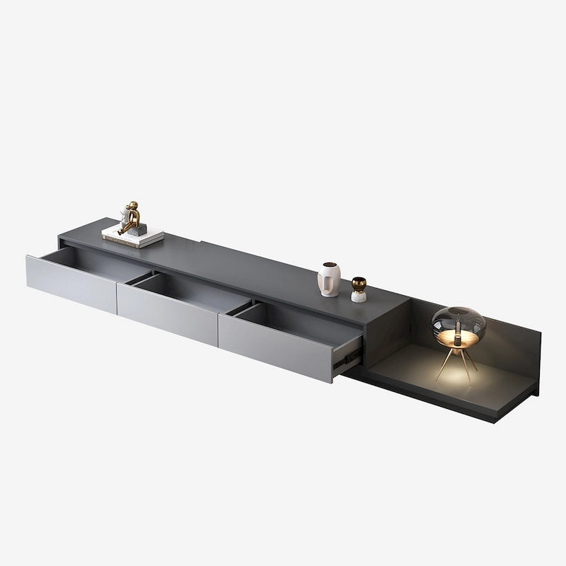 Meuble TV moderne extensible 118 avec 3 tiroirs spacieux, console multimédia à longueur réglable pour salon