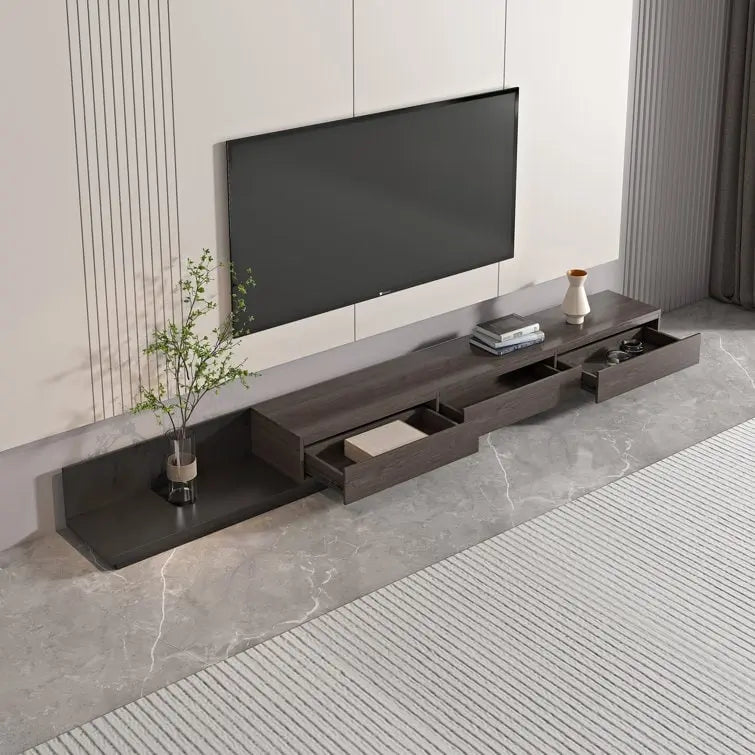 Meuble TV moderne extensible 118 avec 3 tiroirs spacieux, console multimédia à longueur réglable pour salon