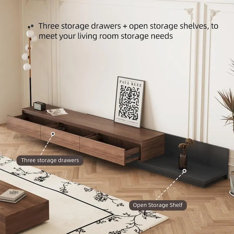 Meuble TV moderne extensible 118 avec 3 tiroirs spacieux, console multimédia à longueur réglable pour salon