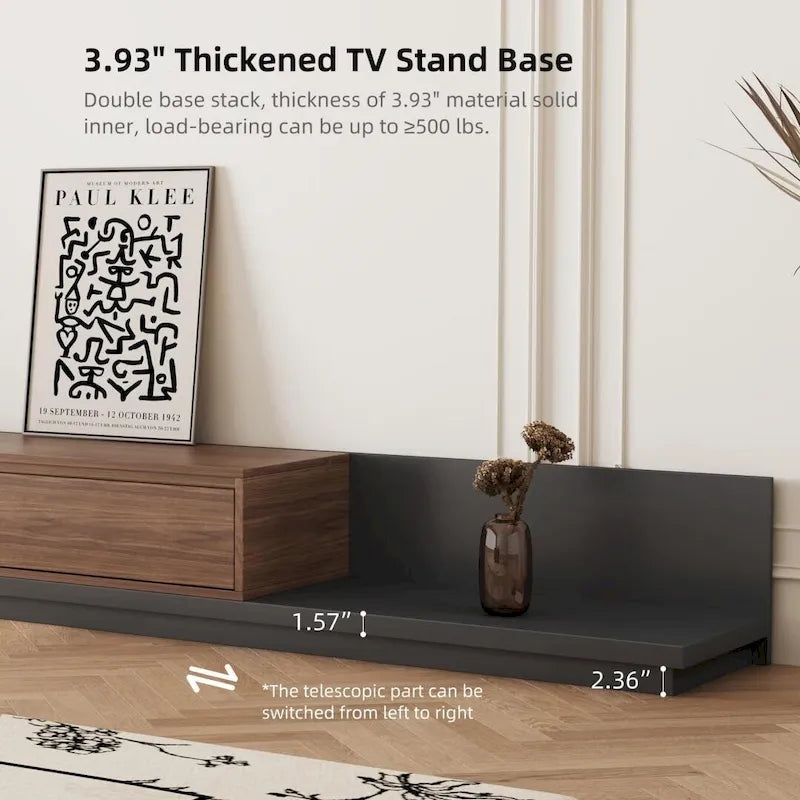 Meuble TV moderne extensible 118 avec 3 tiroirs spacieux, console multimédia à longueur réglable pour salon