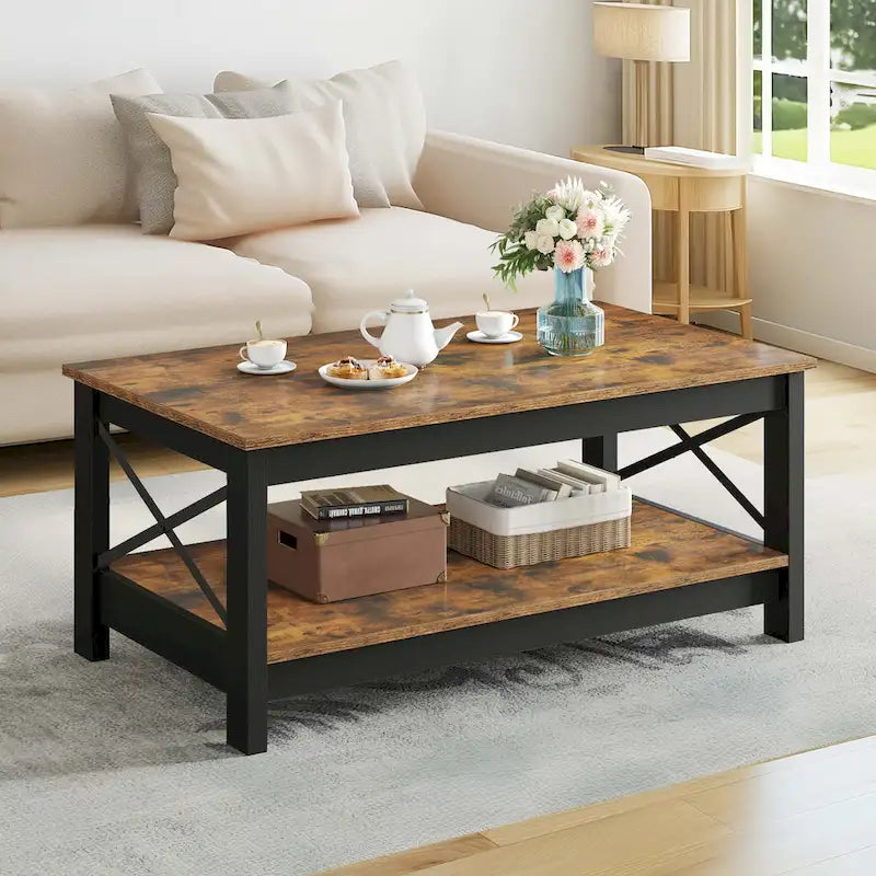 Table basse d'appoint en bois style rustique avec grande étagère de rangement