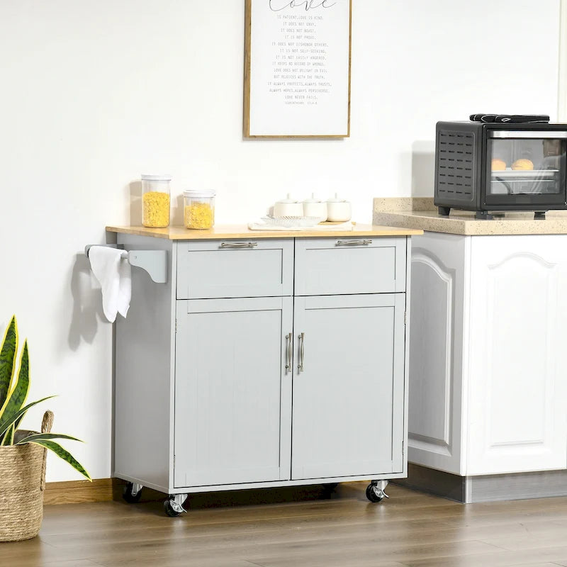 41 îlot de cuisine roulant moderne, chariot de rangement de cuisine avec dessus en bois de caoutchouc, 2 tiroirs et porte-serviettes