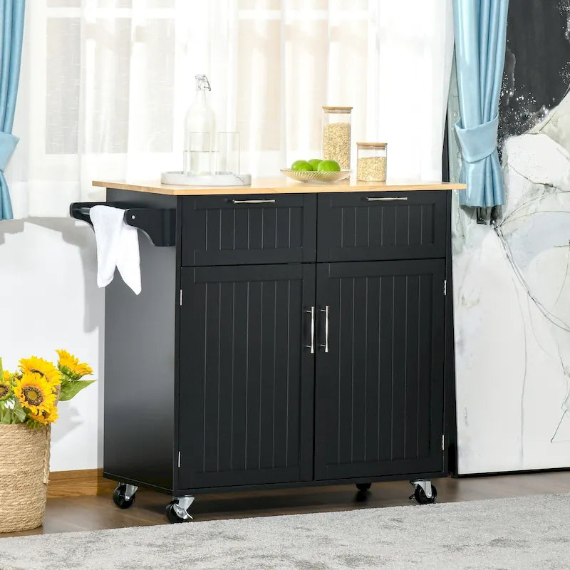 41 îlot de cuisine roulant moderne, chariot de rangement de cuisine avec dessus en bois de caoutchouc, 2 tiroirs et porte-serviettes