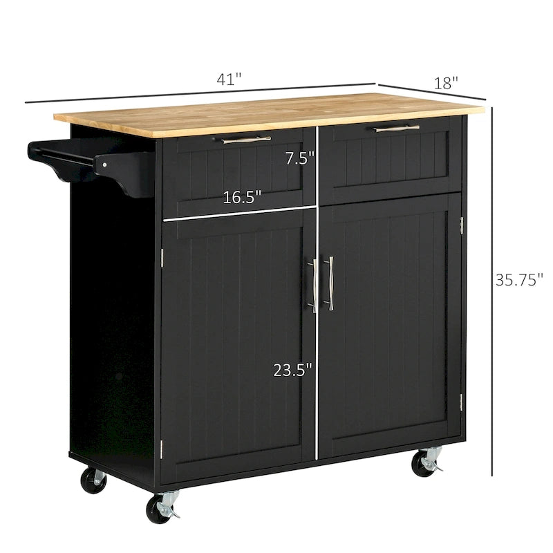 41 îlot de cuisine roulant moderne, chariot de rangement de cuisine avec dessus en bois de caoutchouc, 2 tiroirs et porte-serviettes