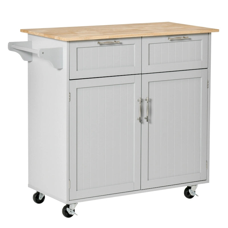 41 îlot de cuisine roulant moderne, chariot de rangement de cuisine avec dessus en bois de caoutchouc, 2 tiroirs et porte-serviettes