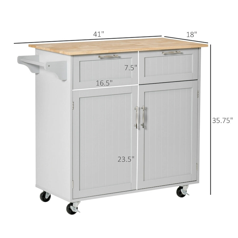41 îlot de cuisine roulant moderne, chariot de rangement de cuisine avec dessus en bois de caoutchouc, 2 tiroirs et porte-serviettes