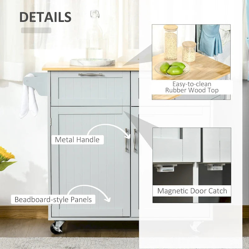 41 îlot de cuisine roulant moderne, chariot de rangement de cuisine avec dessus en bois de caoutchouc, 2 tiroirs et porte-serviettes