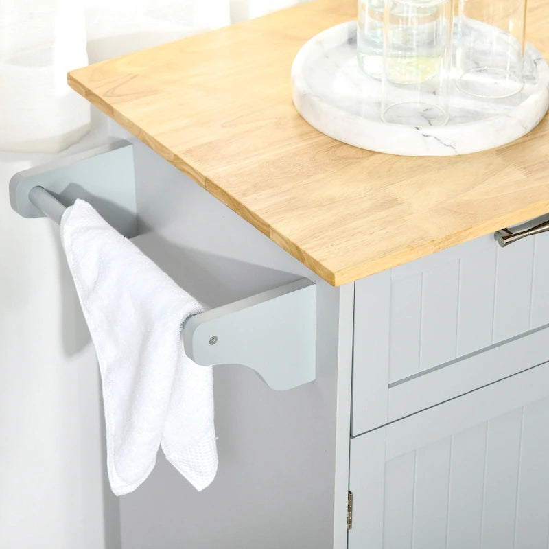 41 îlot de cuisine roulant moderne, chariot de rangement de cuisine avec dessus en bois de caoutchouc, 2 tiroirs et porte-serviettes