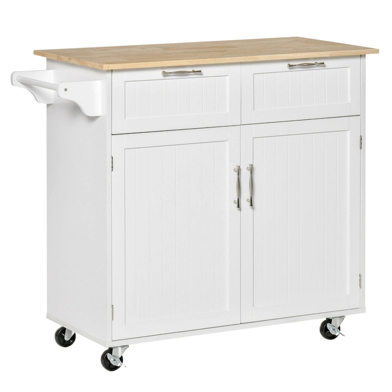 41 îlot de cuisine roulant moderne, chariot de rangement de cuisine avec dessus en bois de caoutchouc, 2 tiroirs et porte-serviettes