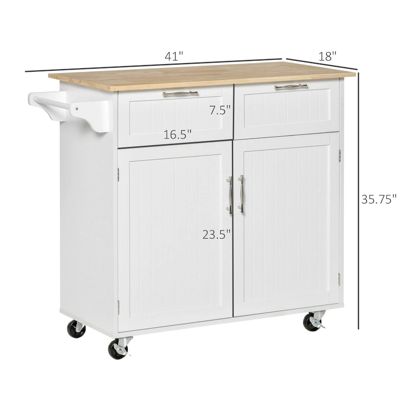 41 îlot de cuisine roulant moderne, chariot de rangement de cuisine avec dessus en bois de caoutchouc, 2 tiroirs et porte-serviettes
