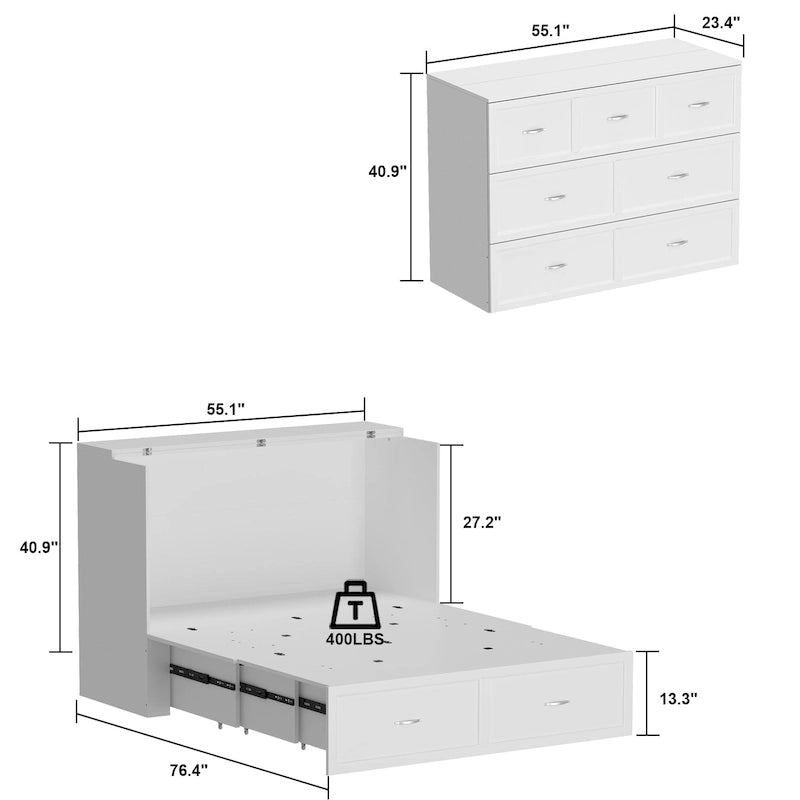 Lit double avec commode et tiroir convertible en meuble cube