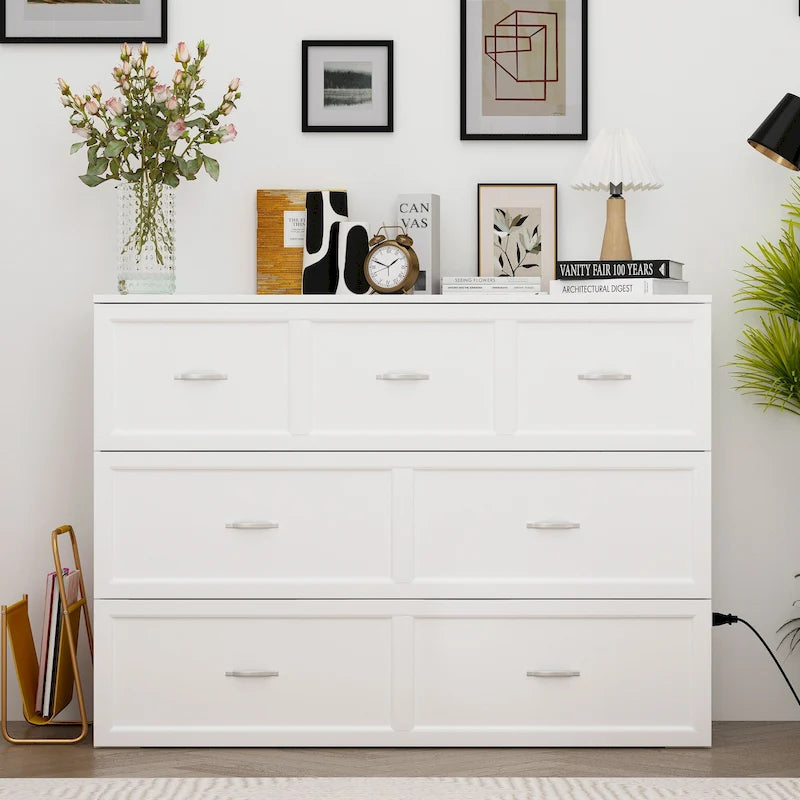 Lit double avec commode et tiroir convertible en meuble cube
