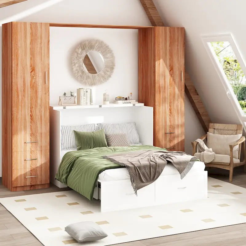 Lit double avec commode et tiroir convertible en meuble cube