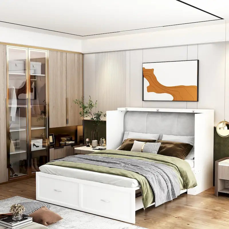 Lit double avec commode et tiroir convertible en meuble cube