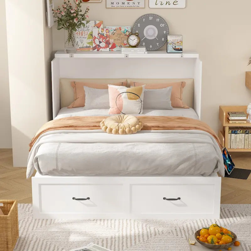 Lit double avec commode et tiroir convertible en meuble cube