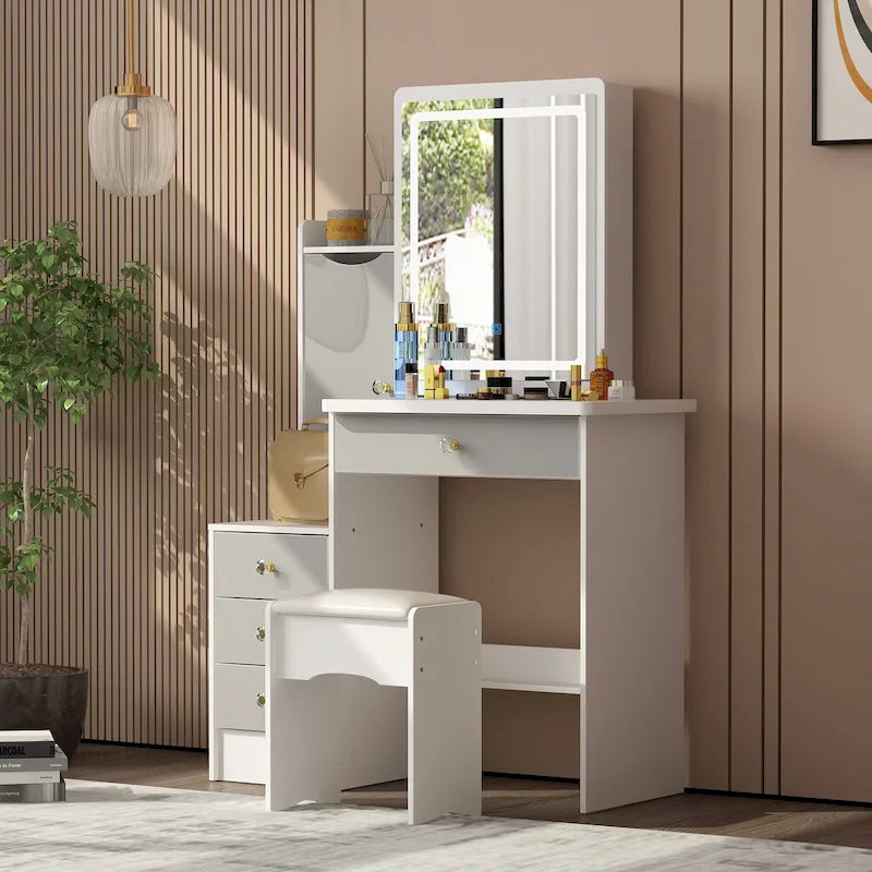 Timechee Makeup Vanity Set with Sliding Lighted Mirror Dressing Table - 33L x 15.7W x 52.4H