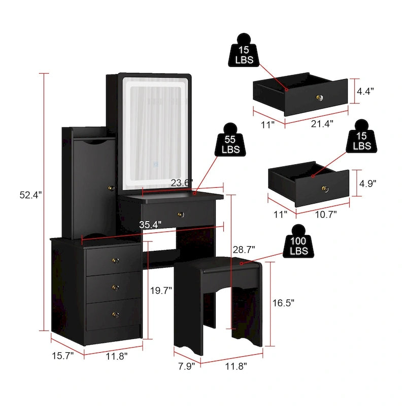 Coiffeuse avec miroir coulissant éclairé - 33L x 15.7W x 52.4H