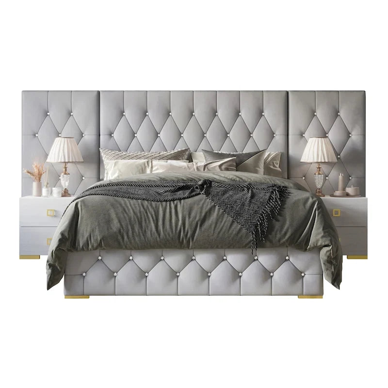 Lit plateforme capitonné en velours luxueux avec panneaux muraux