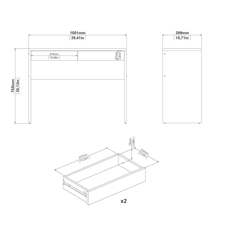 Bureau d'écriture pour bureau à domicile avec 2 tiroirs de rangement