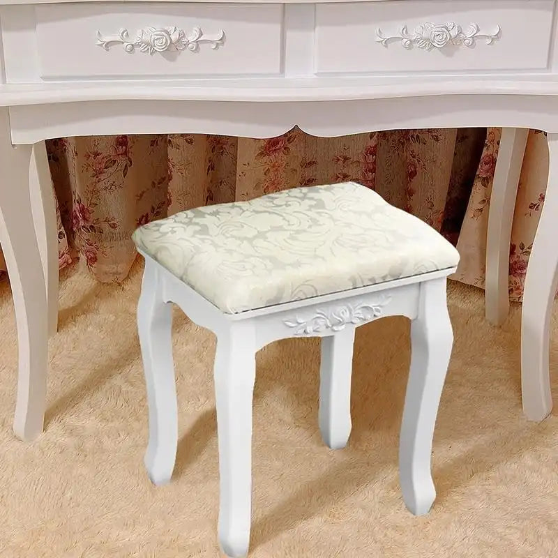 Coiffeuse de maquillage avec miroir blanc rotatif et tabouret - (29.52 x 15.75 x 56.1)