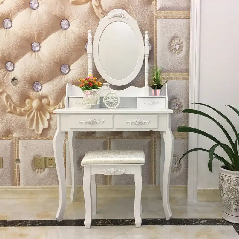 Coiffeuse de maquillage avec miroir blanc rotatif et tabouret - (29.52 x 15.75 x 56.1)