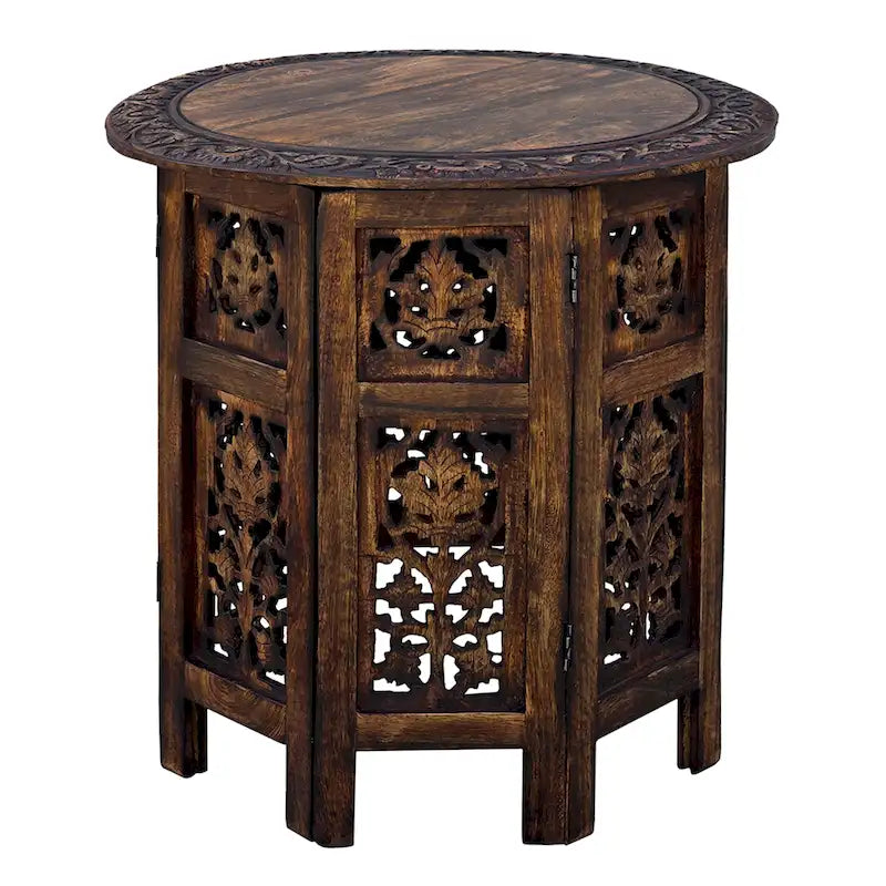 Table d'appoint pliante en bois de manguier de 45,7 cm, sculptée à la main, brun noyer