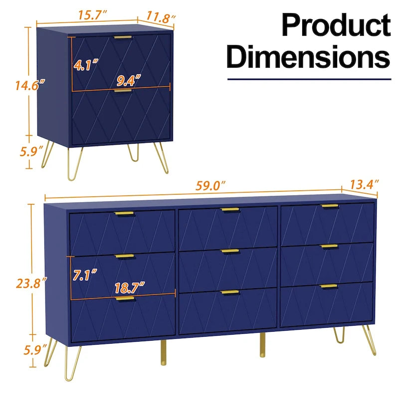 Commode 9 tiroirs et tables de chevet (lot de 2) pour chambre à coucher
