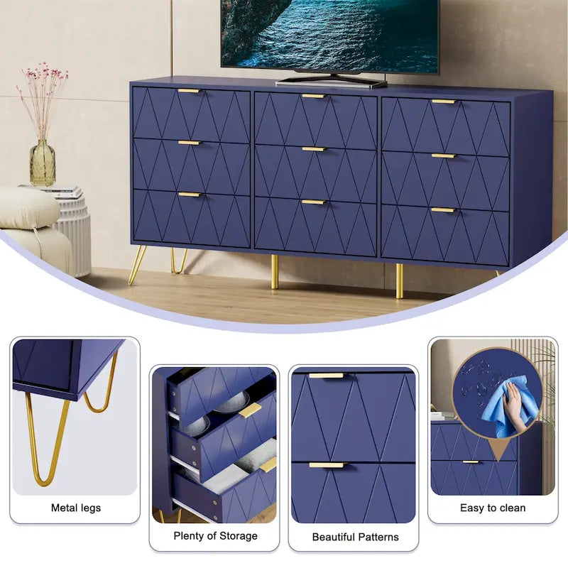 Commode 9 tiroirs et tables de chevet (lot de 2) pour chambre à coucher