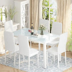 Ensemble de salle à manger 7 pièces Grondin Modern Style avec table en verre trempé et 6 chaises rembourrées en cuir PU