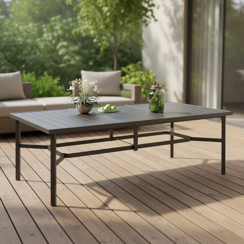 Grande table de salle à manger d'extérieur en métal, rectangulaire, en acier, pour 8 personnes