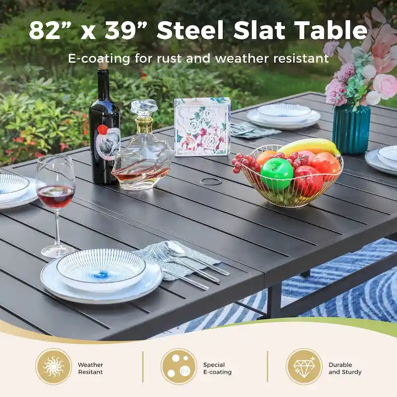 Grande table de salle à manger d'extérieur en métal, rectangulaire, en acier, pour 8 personnes
