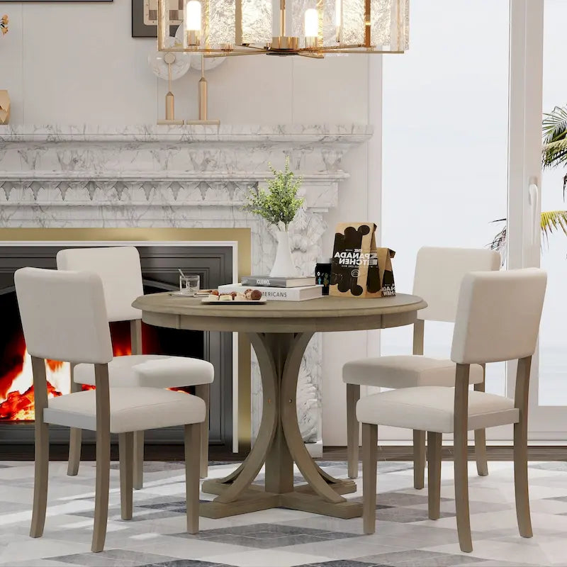Ensemble de salle à manger 5 pièces avec table ronde, pieds de table incurvés en forme de tréteaux et 4 chaises
