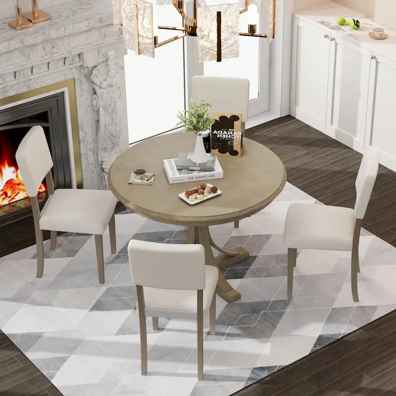 Ensemble de salle à manger 5 pièces avec table ronde, pieds de table incurvés en forme de tréteaux et 4 chaises