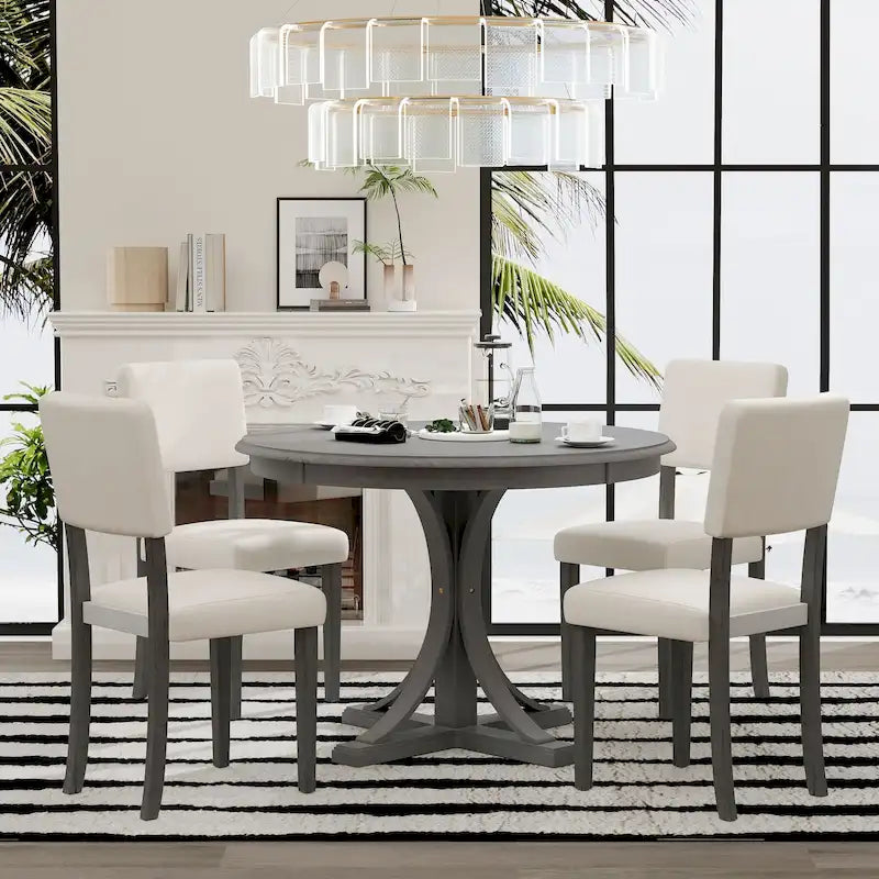 Ensemble de salle à manger 5 pièces avec table ronde, pieds de table incurvés en forme de tréteaux et 4 chaises