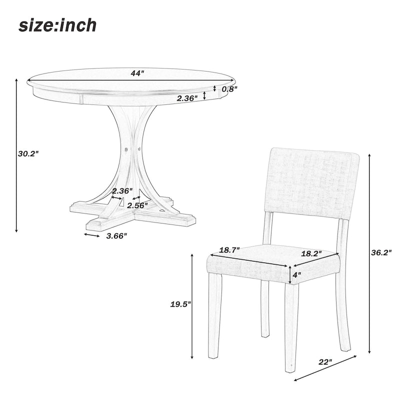 Ensemble de salle à manger 5 pièces avec table ronde, pieds de table incurvés en forme de tréteaux et 4 chaises