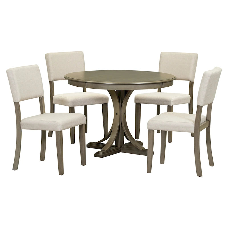 Ensemble de salle à manger 5 pièces avec table ronde, pieds de table incurvés en forme de tréteaux et 4 chaises