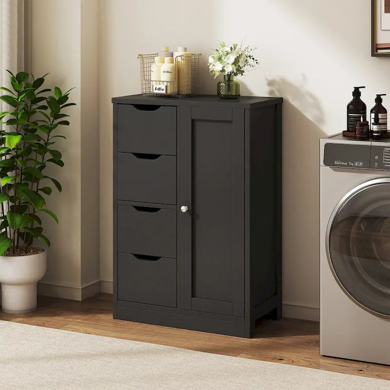 Meuble de rangement de salle de bain sur pied, Meuble de rangement de cuisine avec 4 tiroirs et 1 porte