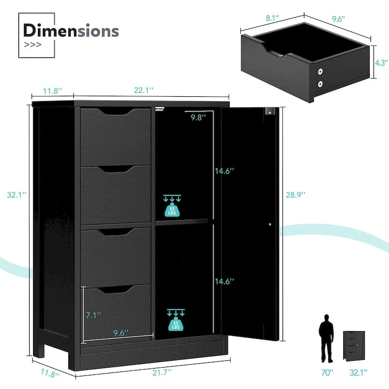 Meuble de rangement de salle de bain sur pied, Meuble de rangement de cuisine avec 4 tiroirs et 1 porte
