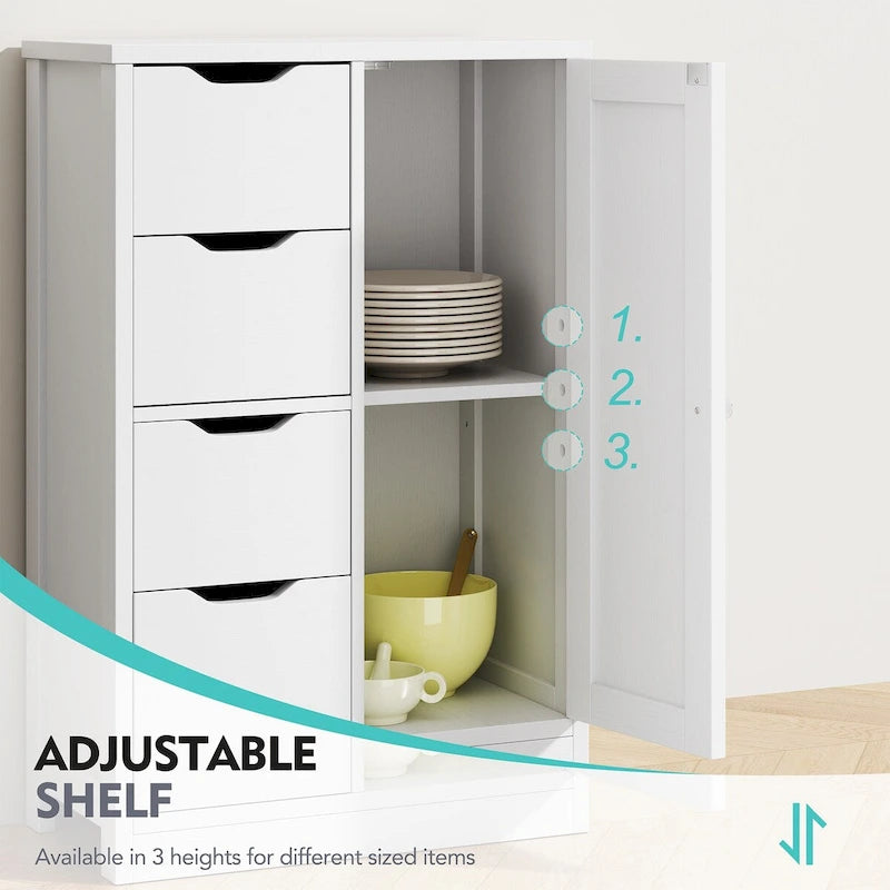 Meuble de rangement de salle de bain sur pied, Meuble de rangement de cuisine avec 4 tiroirs et 1 porte