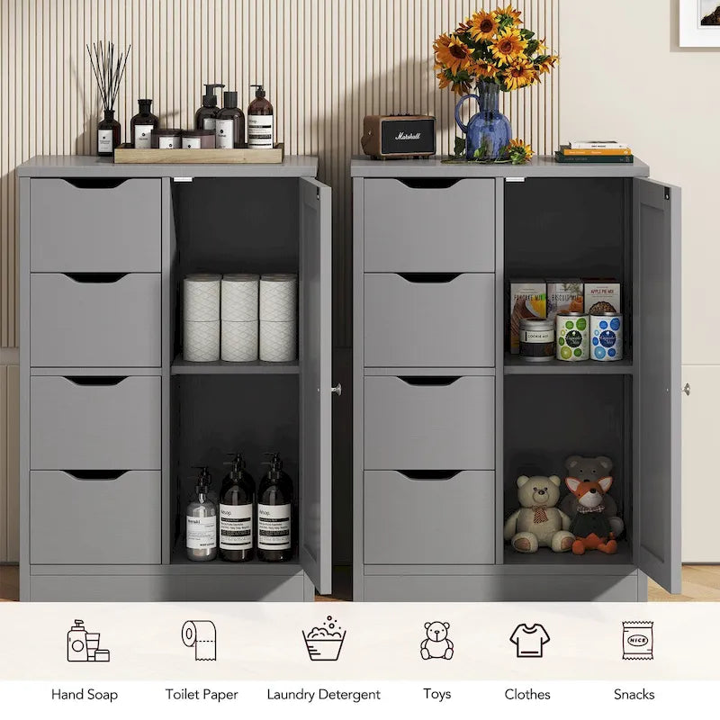 Meuble de rangement de salle de bain sur pied, Meuble de rangement de cuisine avec 4 tiroirs et 1 porte